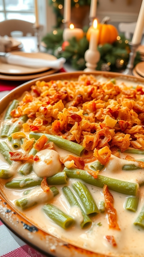 A delicious green bean casserole topped with crispy onions, served in a rustic dish on a festive table.